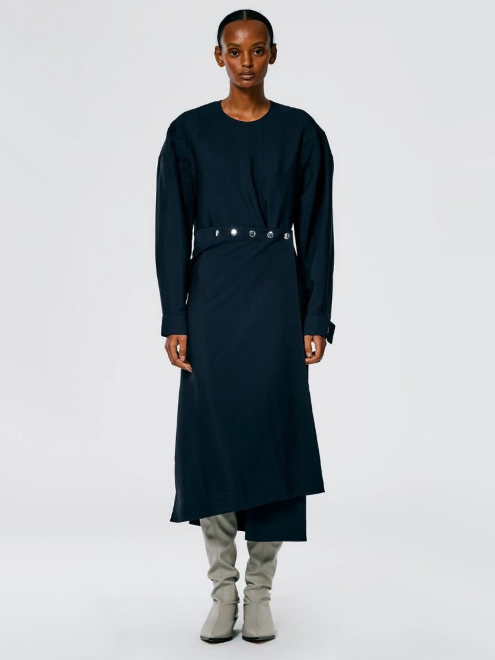 Tibi Viscose Plainweave Asymmetric Flap Snap Dress in Navy, size 12 - Picture 3 of 11